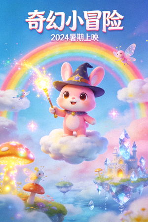 动画电影海报，可爱卡通角色在奇幻世界