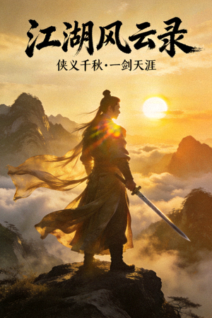 古装武侠剧海报，侠客持剑立于山巅
