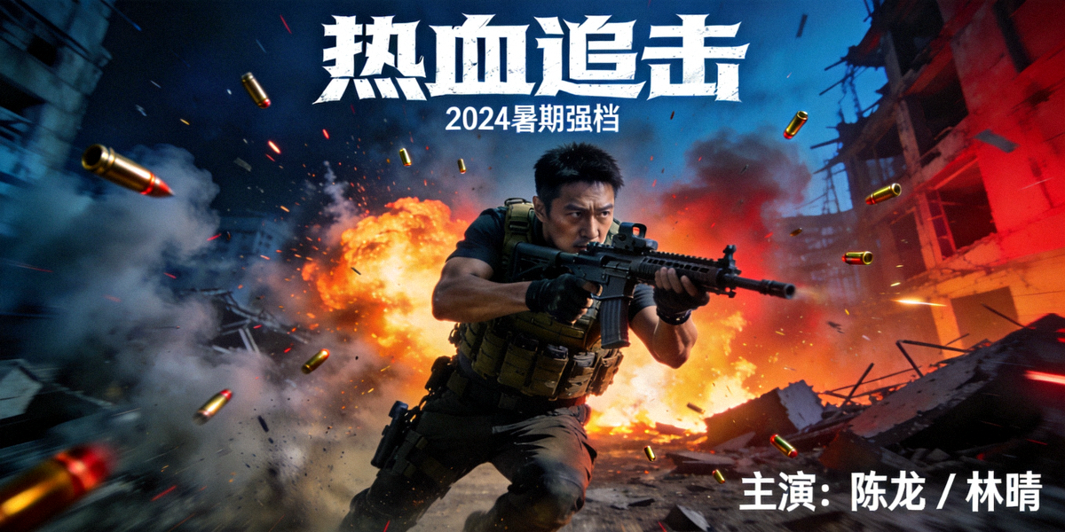 热门动作大片封面，主角持枪战斗场景