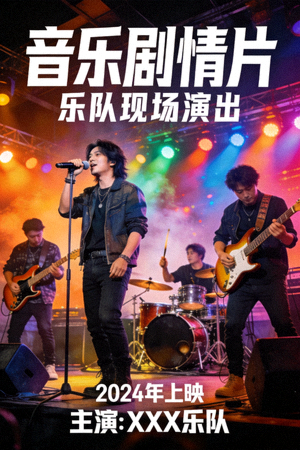 音乐剧情片海报，乐队在舞台上表演